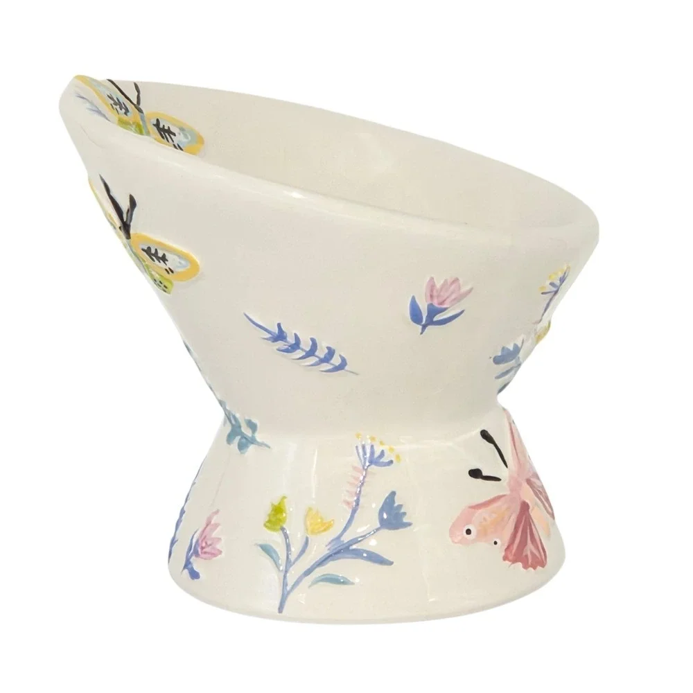 Mellow & Mod Raised Ceramic Cat Food Water Bowl‎ Butterfly Embossed Hand Painted